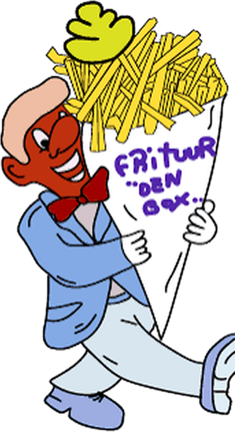 Het mannetje met de frietzak uit het oorspronkelijke logo van Frituur Den Box